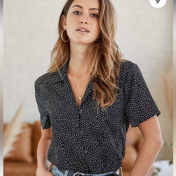 Lulus Tops - Good Luck Charm Black Polka Dot Short Sleeve Button-Up Top